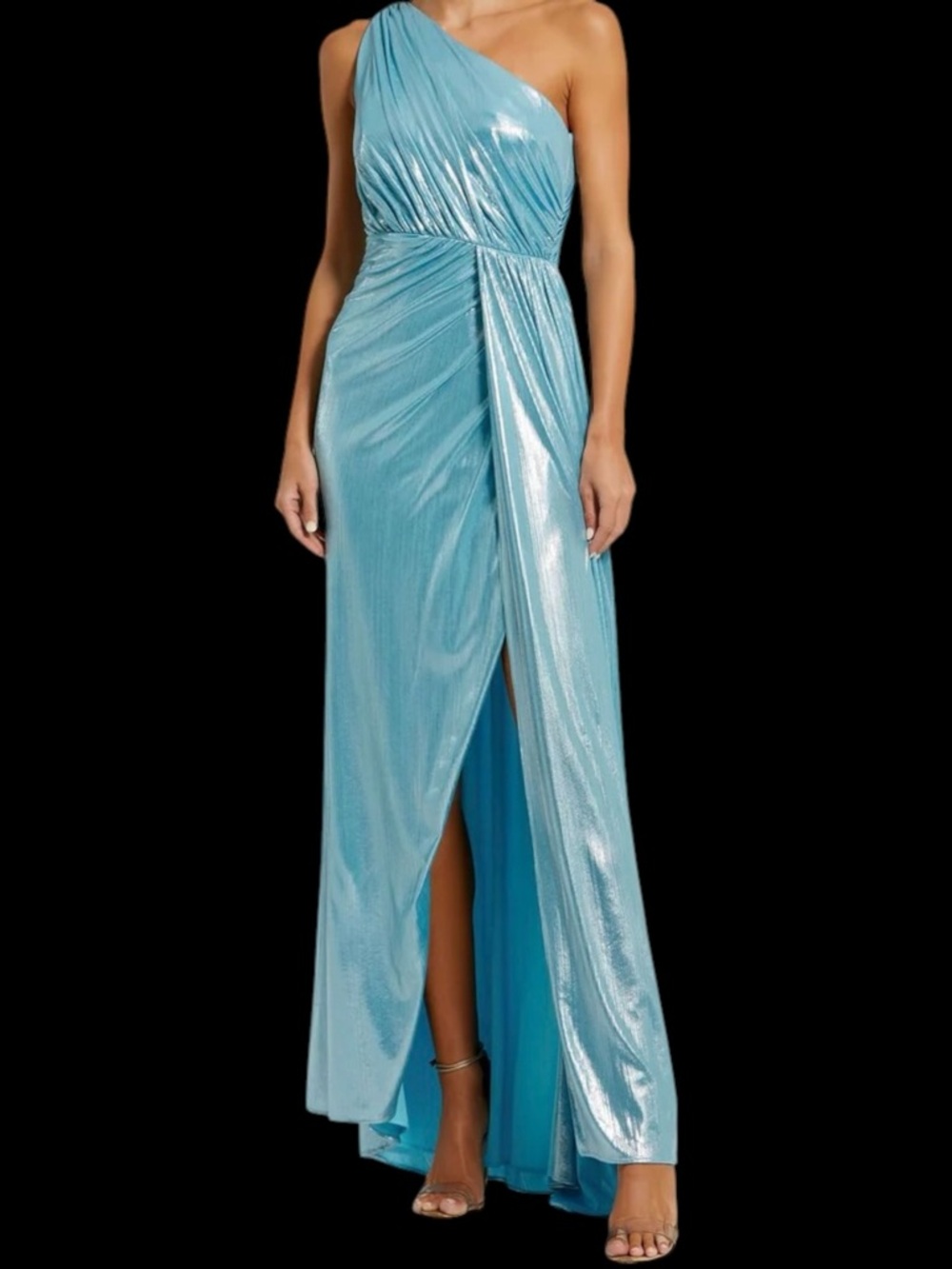 Mac Duggal Grecian Draped Aqua Blue One Shoulder Metallic Dress Slit Formal